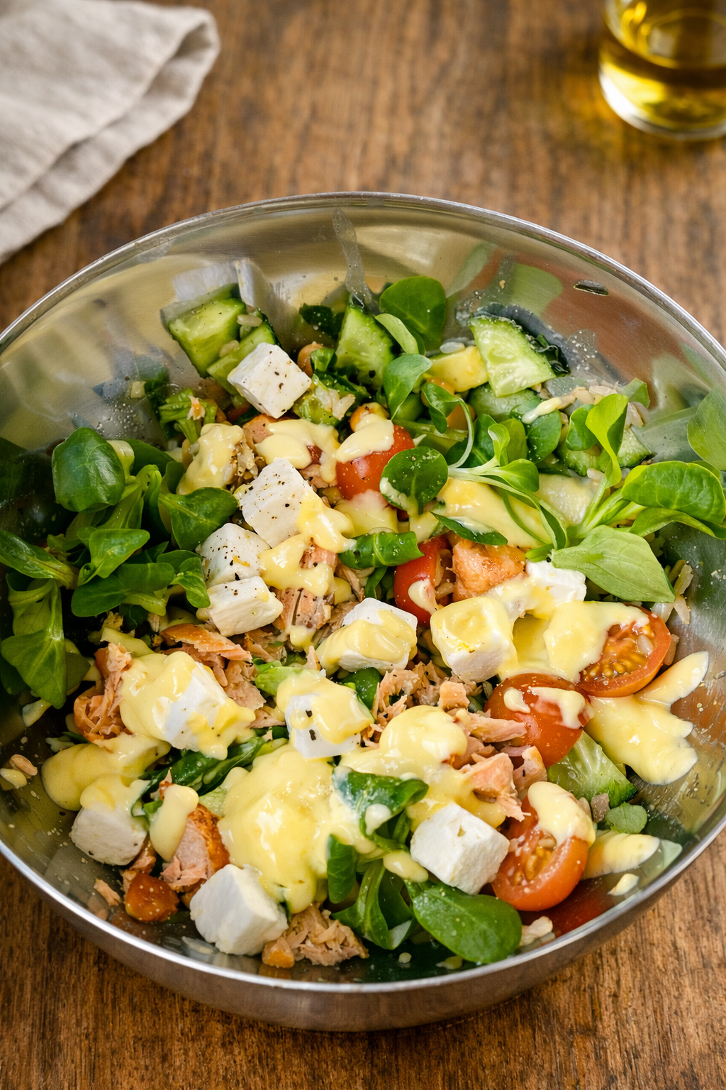 Ensalada de salmón con salsa de mango proteica — NutriPolo